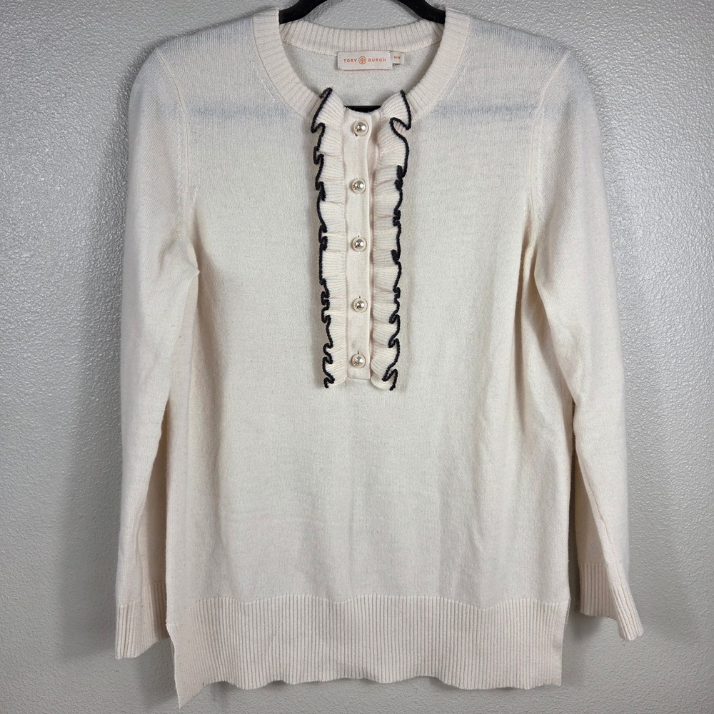 Tory Burch 100% Cashmere Ruffle Sweater Women's M Ivory Pearl Button Long Sleeve